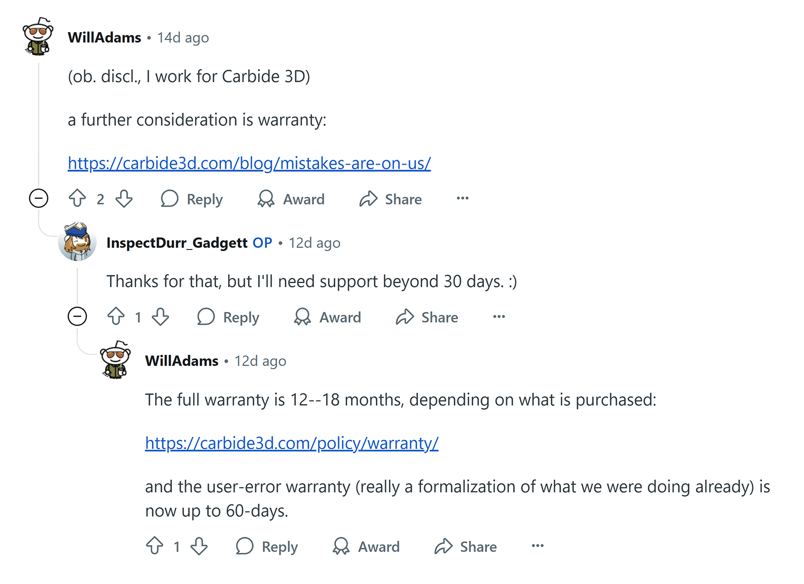 Reddit comment thread by Will Adams discussing product warranties with links.