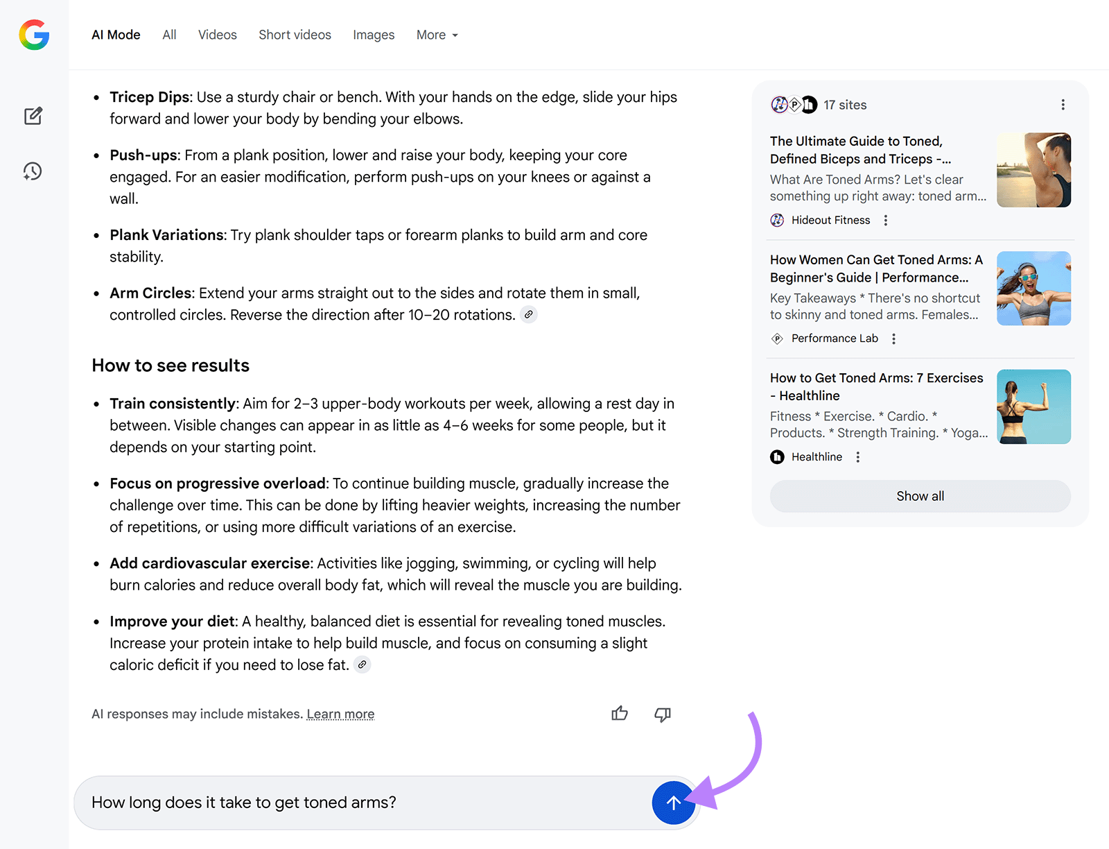 Google AI mode response, with arrow pointing to follow-up question submission button.
