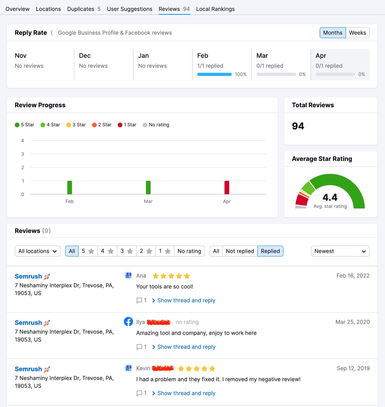 The Review interface in Semrush’s Review Management tool makes voice search marketing easier.
