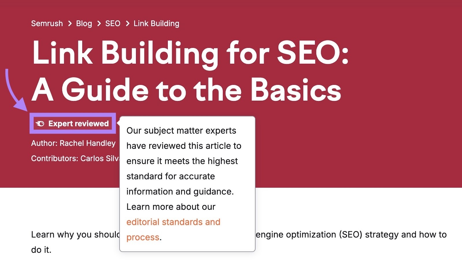 The "Expert reviewed" badge highlighting the editorial process appearing at the top of an article by Semrush.